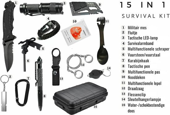 Noodpakket - 15-in-1 Survival Kit - LED Dynamo Zaklamp - USB-LED Zaklamp - Noodsituaties - Rampen