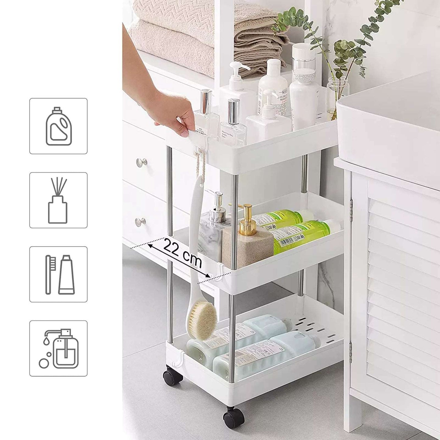 In And OutdoorMatch 3 Tier Rolling Cart Lucas - Keuken Trolley - Niche Plank - Op Wielen - Ruimtebesparend - Keuken - Plank Badkamer - Woonkamer - Kantoor - 40x22x60cm - Wit Keuken Trolley