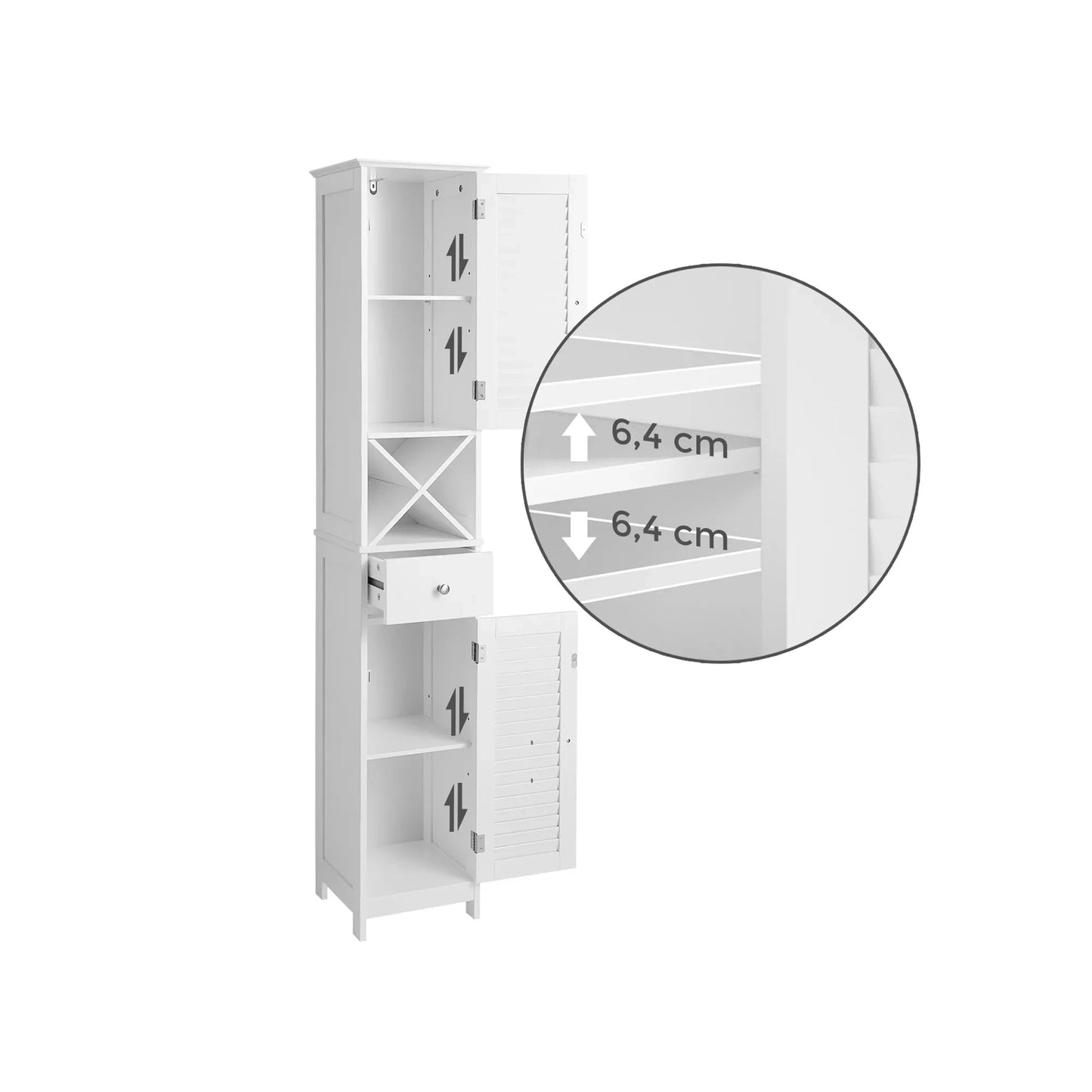 In And OutdoorMatch Badkamerkast Tyrell - Hoge Kast - met 2 Lattendeuren - Opbergkast - met Lade - Uitneembare X-vormige Plank - 32x30x170cm - Scandinavische Stijl - Wit Badkamerkast