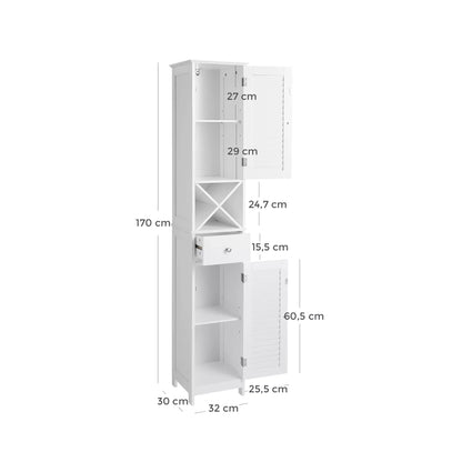 In And OutdoorMatch Badkamerkast Tyrell - Hoge Kast - met 2 Lattendeuren - Opbergkast - met Lade - Uitneembare X-vormige Plank - 32x30x170cm - Scandinavische Stijl - Wit Badkamerkast