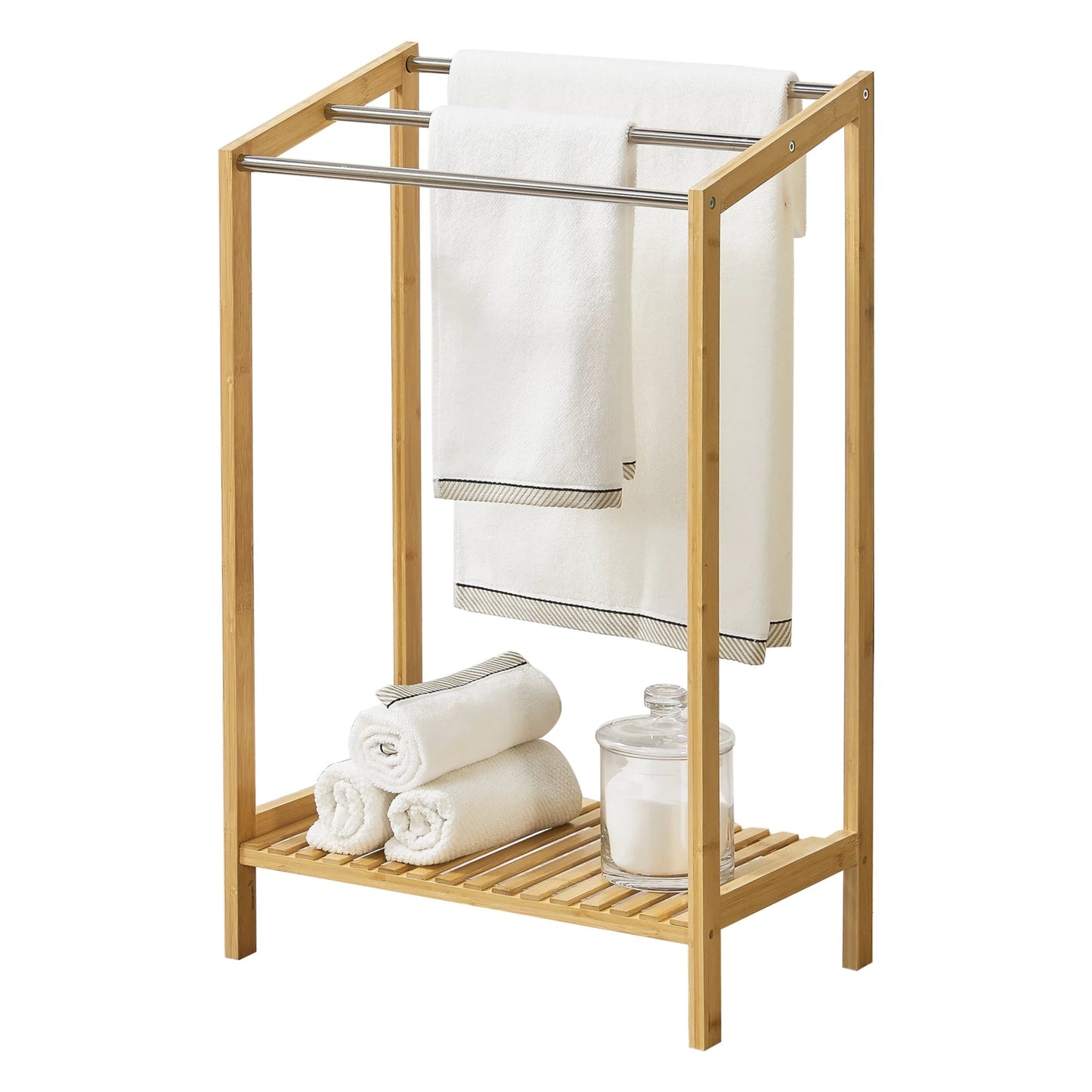 In And OutdoorMatch Bamboe Handdoekenrek Darian - Met Plank - Vrijstaand - 61x31x85 cm - RVS - Minimalistisch Design towel rack