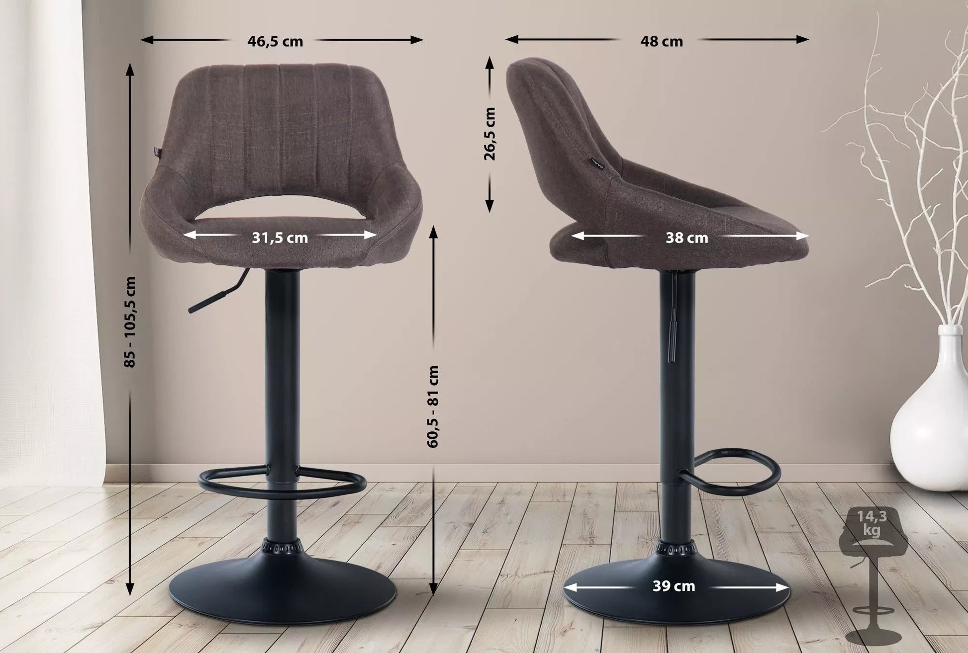 In And OutdoorMatch Barkruk Miza Donkergrijs zwart - Stof - 60-81cm zithoogte - Ergonomische barstoelen - In hoogte verstelbaar - Set van 1 - Met rugleuning - Voor keuken en bar Barkrukken / hocker