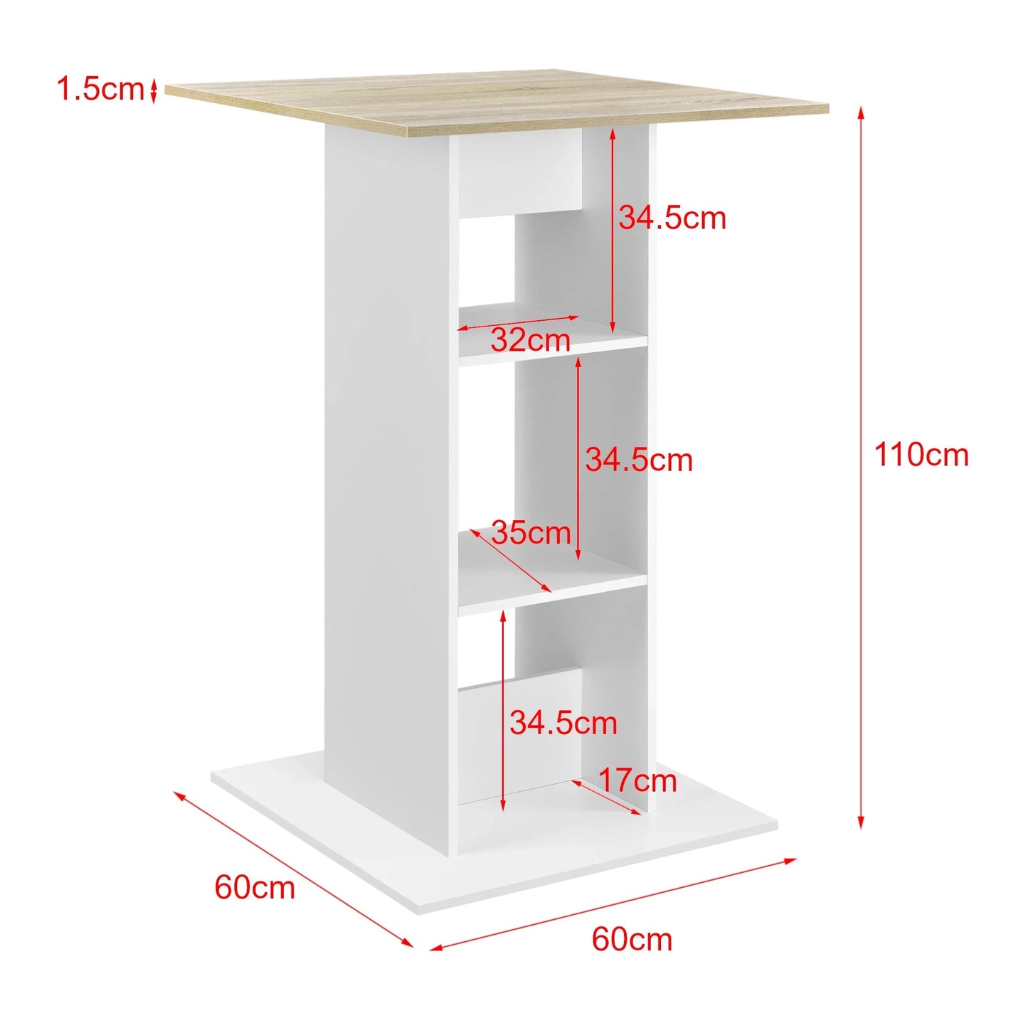 In And OutdoorMatch Bartafel Linda - Met 3 Planken - 70x70x110 cm - Wit en Eikenkleurig - Spaanplaat - Modern Design Bar table