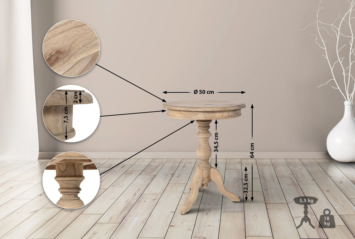 In And OutdoorMatch Bijzettafel Lisandro - Tafel - 64x50cm - Gerecycled iepenhout - Stijlvol design Bijzetttafel