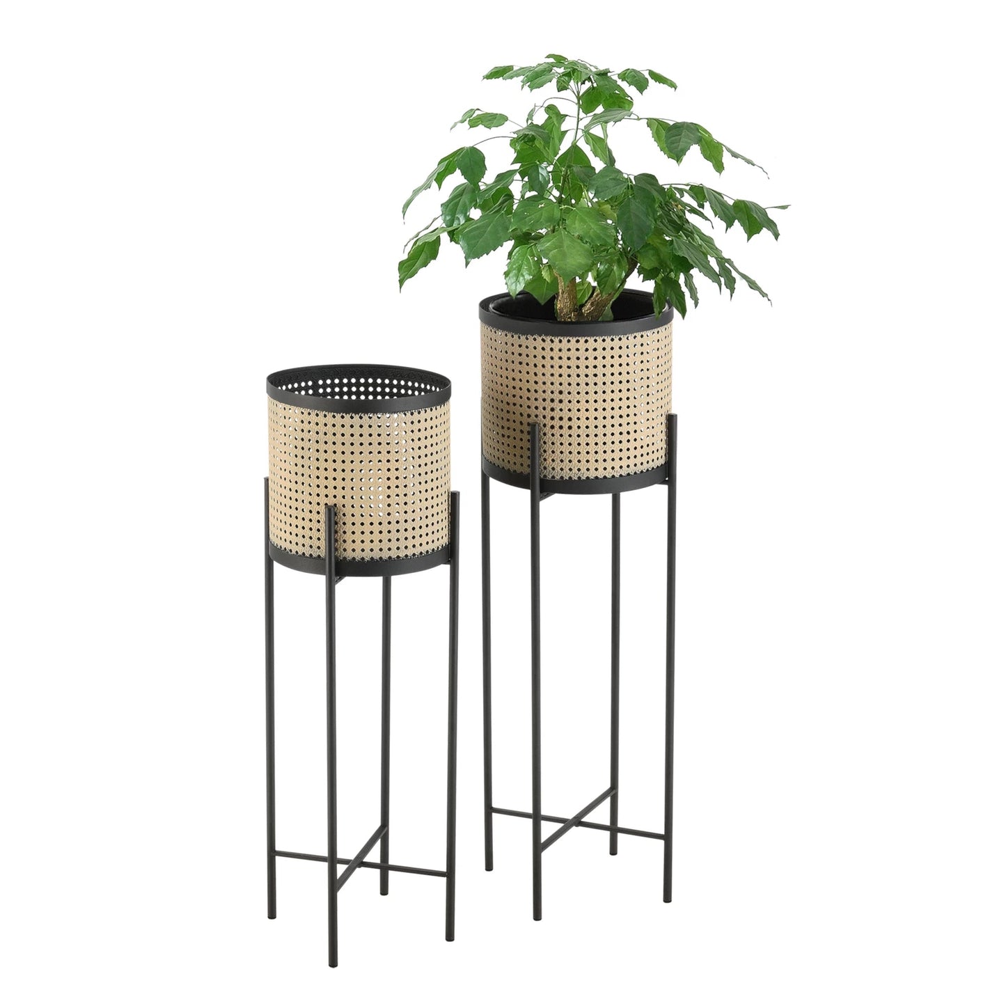 In And OutdoorMatch Bloempot Athena - Op Standaard - Set van 2 - Zwart en Zandkleurig - Metaal - Stijlvol Design Flowerpot