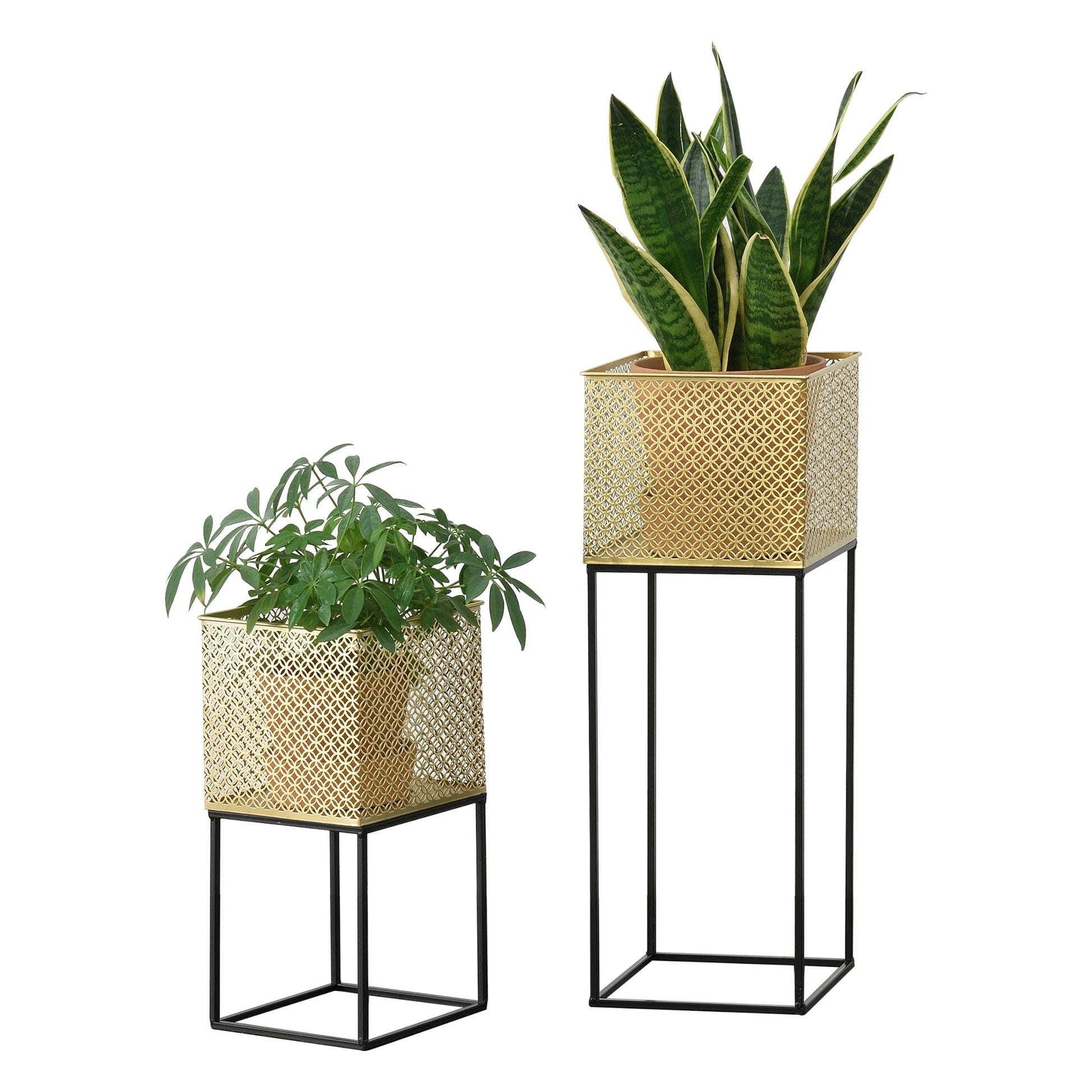 In And OutdoorMatch Bloempot Edyth - Op standaard - Set van 2 - Zwart en Goud - Metaal - Modern design Flowerpot