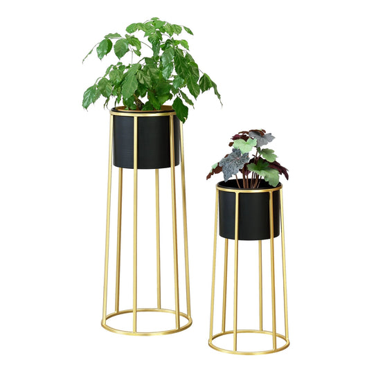 In And OutdoorMatch Bloempot Krista - Op Standaard - Metaal - Set van 2 - Zwart en Goudkleurig - Stijlvol Design Flowerpot