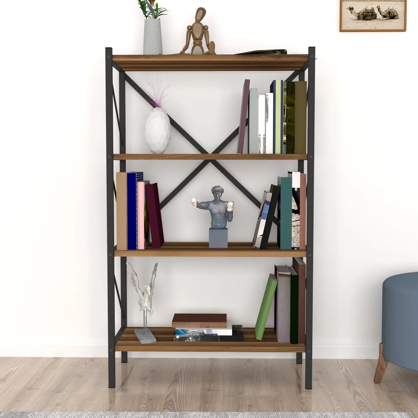 In And OutdoorMatch Boekenkast Plank Gia - 121x66x34cm - Walnootkleurig - Spaanplaat en Metaal - Met Planken - Modern Design Boekenkast