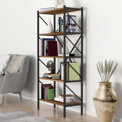 In And OutdoorMatch Boekenkast Plank Paolo - 160x66x34cm - Walnootkleurig - Spaanplaat en Metaal - Met Planken - Modern Design Boekenplank