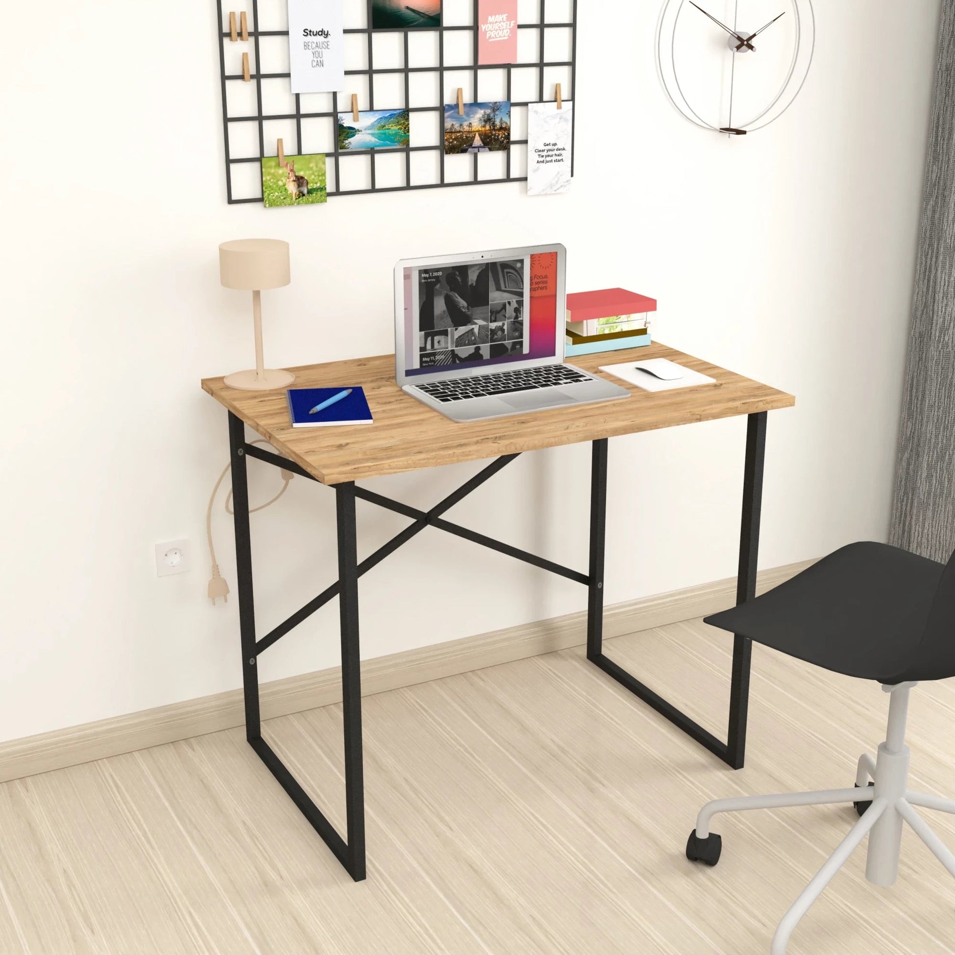 In And OutdoorMatch Bureau Andy - 75x90x60 cm - Eiken - Spaanplaat en Metaal - Stabiel Stalen Frame - Modern Design Desk