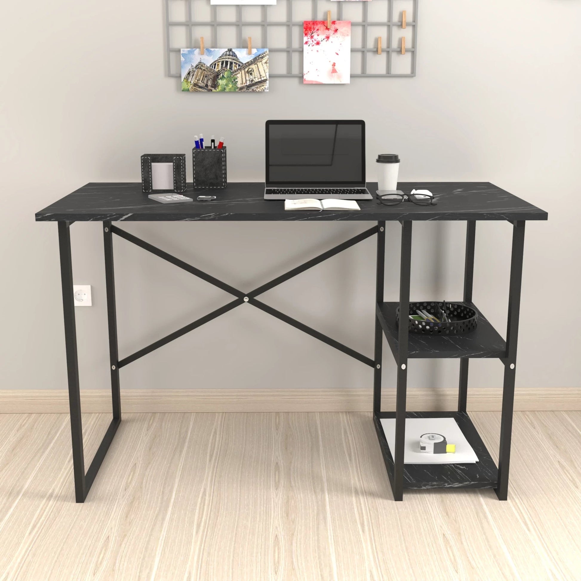 In And OutdoorMatch Bureau Menno - Laptoptafel - 75x120x60 cm - Marmer Zwart en Zwart - Spaanplaat en Metaal - Met 2 Planken - Modern Design Desk