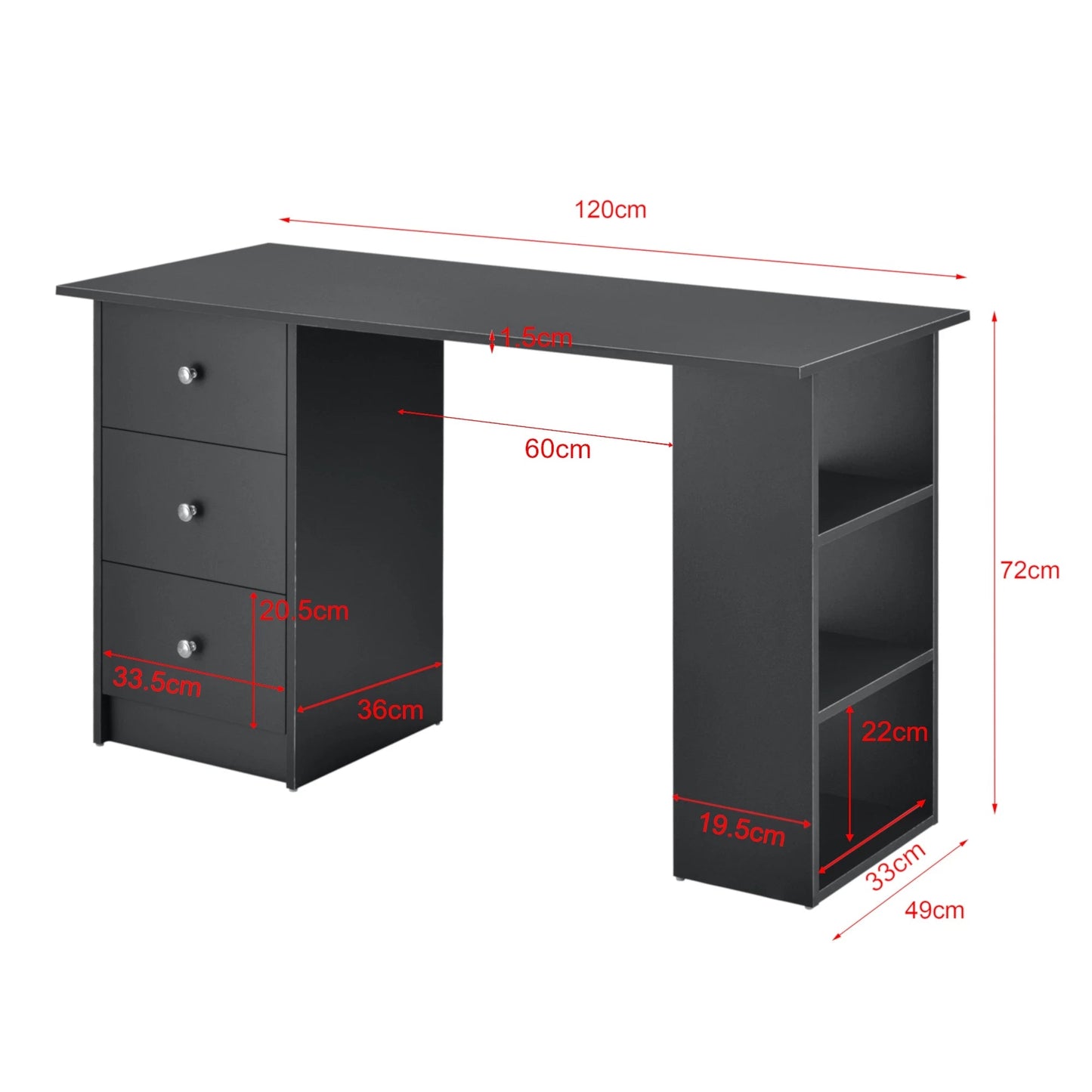 In And OutdoorMatch Bureau Ollie - Met 3 Laden - 120x49x72 cm - Donkergrijs - Spaanplaat - Stijlvol Design Desk