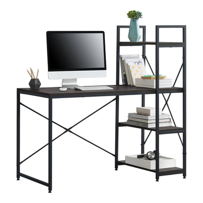 In And OutdoorMatch Bureau Ophelia - Met 4 Planken - 120x64x122 cm - Zwart en Walnoot - Spaanplaat en Metaal - Stijlvol Design Desk