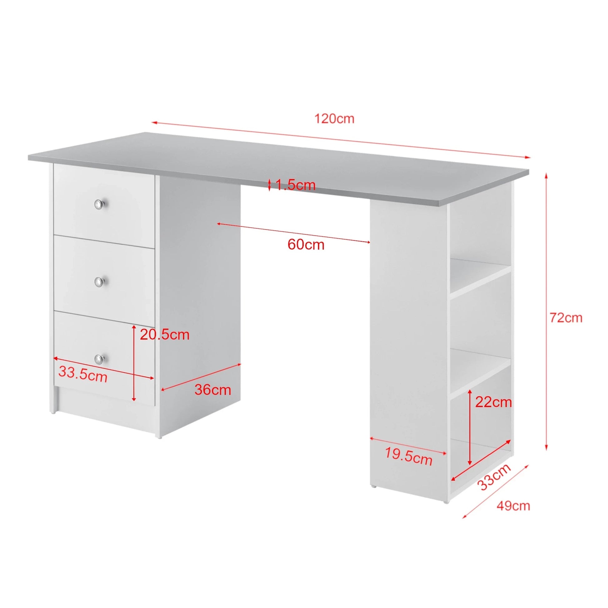 In And OutdoorMatch Bureau Wade - Met 3 Laden - 120x49x72 cm - Lichtgrijs en Wit - Spaanplaat - Stijlvol design Desk