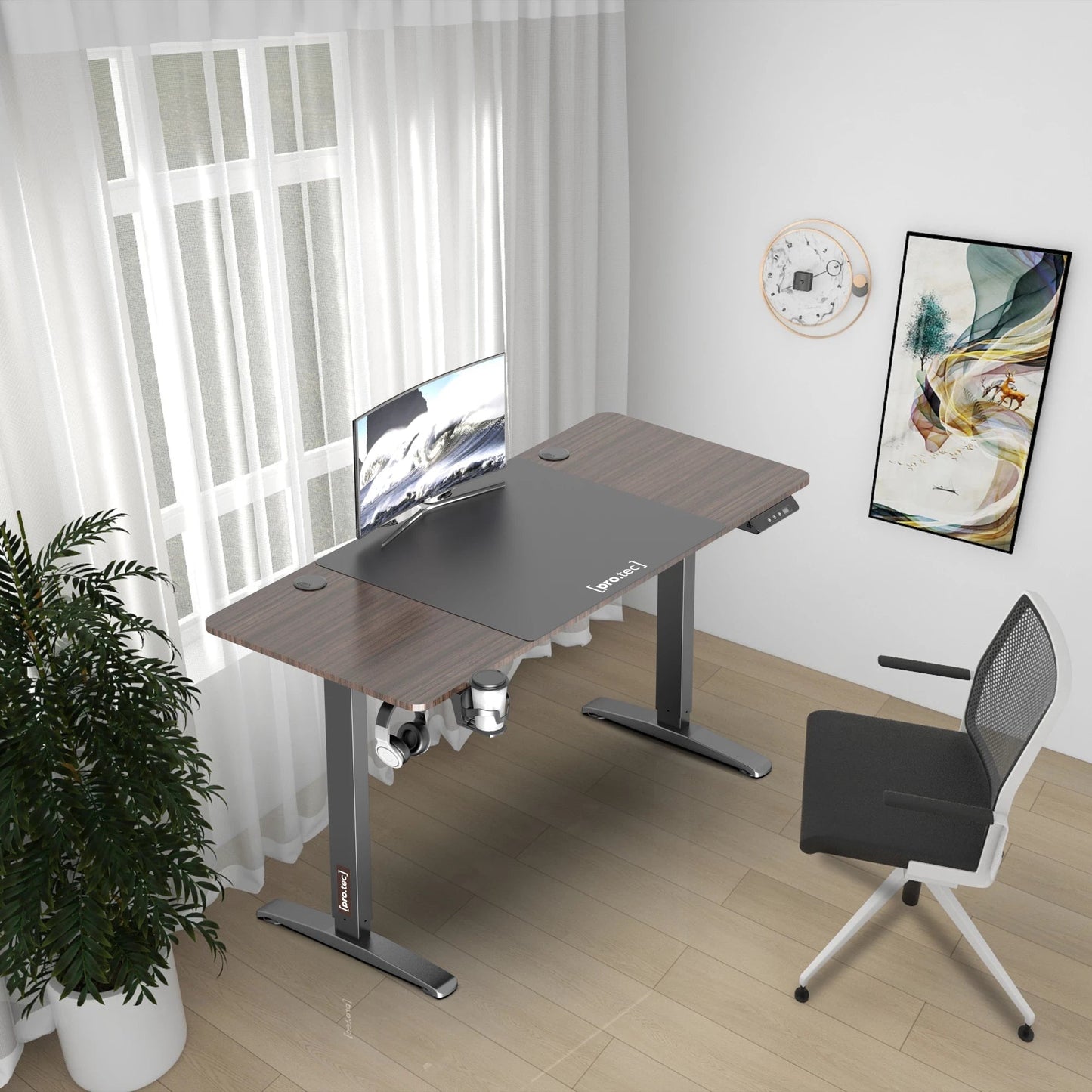 In And OutdoorMatch Bureau Willard - Zit Sta Bureau - Elektrisch In Hoogte Verstelbaar - Walnoot en Zwart - Spaanplaat en Aluminium - Modern Design Desk