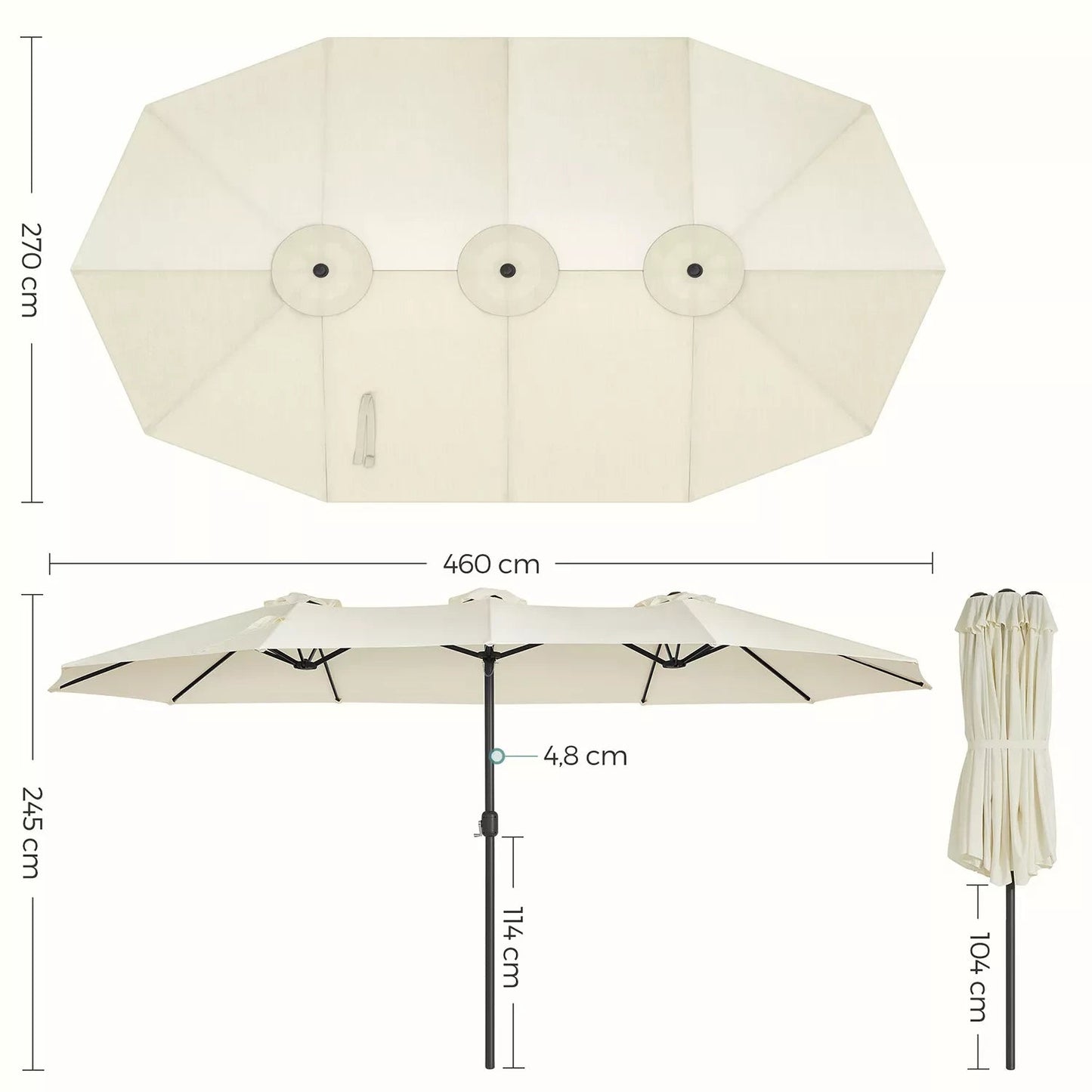 In And OutdoorMatch Dubbele Parasol Antonetta - 460x270cm - Extra Large - UV Bescherming tot UPF 50+ - met Slinger Markt - Zonder Standaard - Wit Sunshade