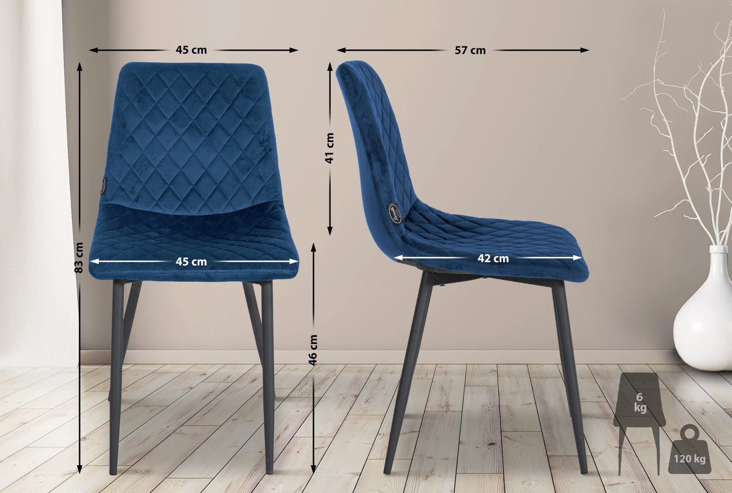 In And OutdoorMatch Eetkamerstoelen Babette - Blauw - Set van 4 - Fluweel - Hoogwaardige bekleding - Exclusieve eetkamerstoelen - Stijlvolle uitstraling Eetkamerstoel