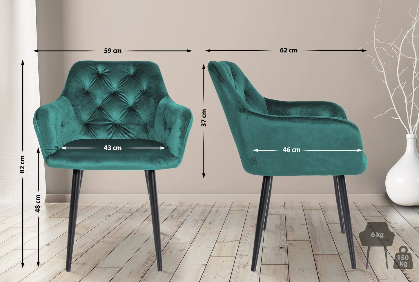 In And OutdoorMatch Eetkamerstoelen Emersyn - Groen - Set van 2 - Fluweel - Hoogwaardige bekleding - Stijlvolle eetkamerstoelen - Luxe uitstraling Eetkamerstoel