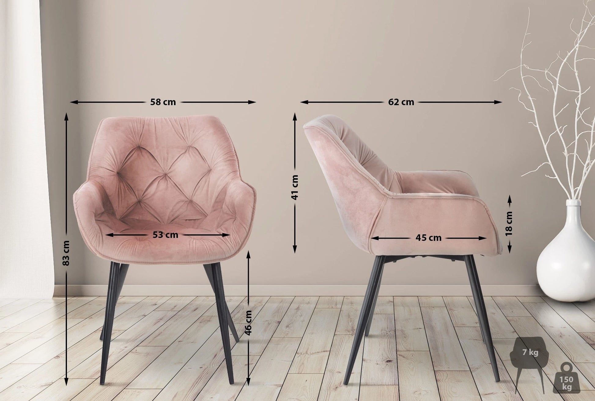 In And OutdoorMatch Eetkamerstoelen Lilian - Roze - Set van 2 - Fluweel - Hoogwaardige bekleding - Luxe eetkamerstoel - Stijlvolle uitstraling Eetkamerstoel