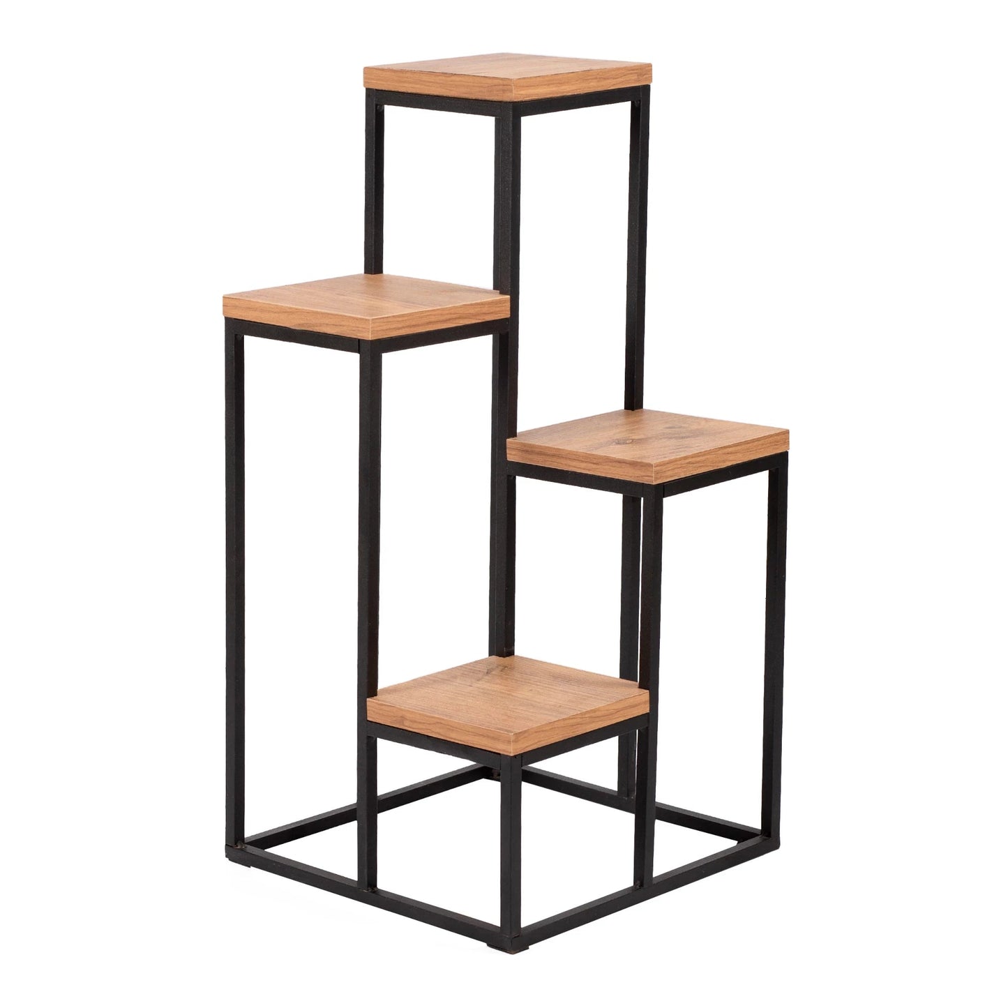 In And OutdoorMatch Elegante Plant Standaard Ivo - 67x34x34 cm - Zwart en Houtkleurig - Praktisch - 4 Planken Bijzetttafel