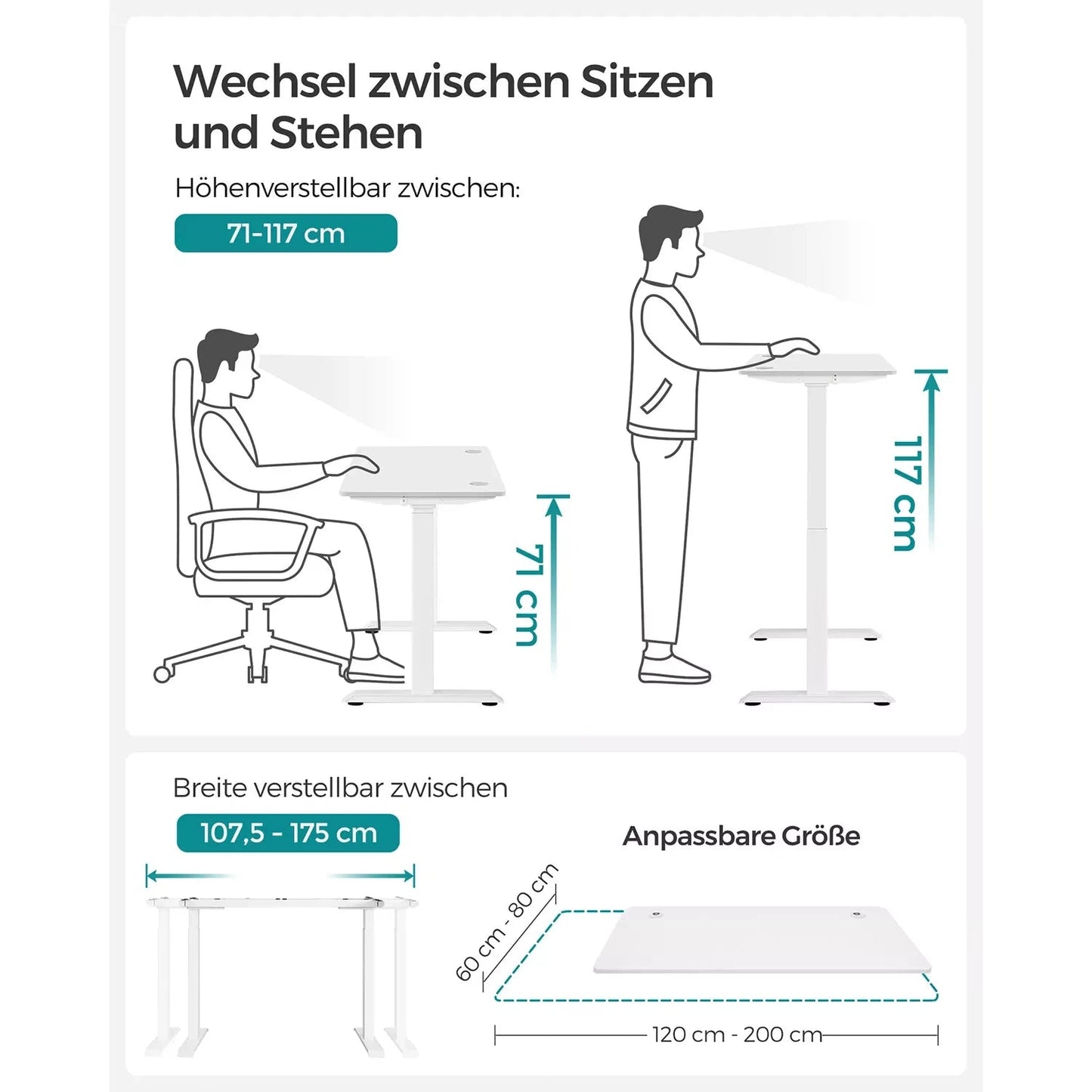 In And OutdoorMatch Elektrisch zit-sta bureau Bude - Wit - Geheugenfunctie met 4 hoogtes - Hoogte verstelbaar 71-117cm - 120kg draagvermogen - 60x120cm Desk