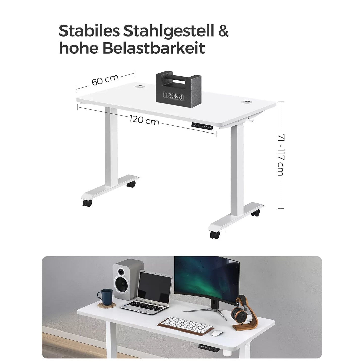 In And OutdoorMatch Elektrisch zit-sta bureau Bude - Wit - Geheugenfunctie met 4 hoogtes - Hoogte verstelbaar 71-117cm - 120kg draagvermogen - 60x120cm Desk