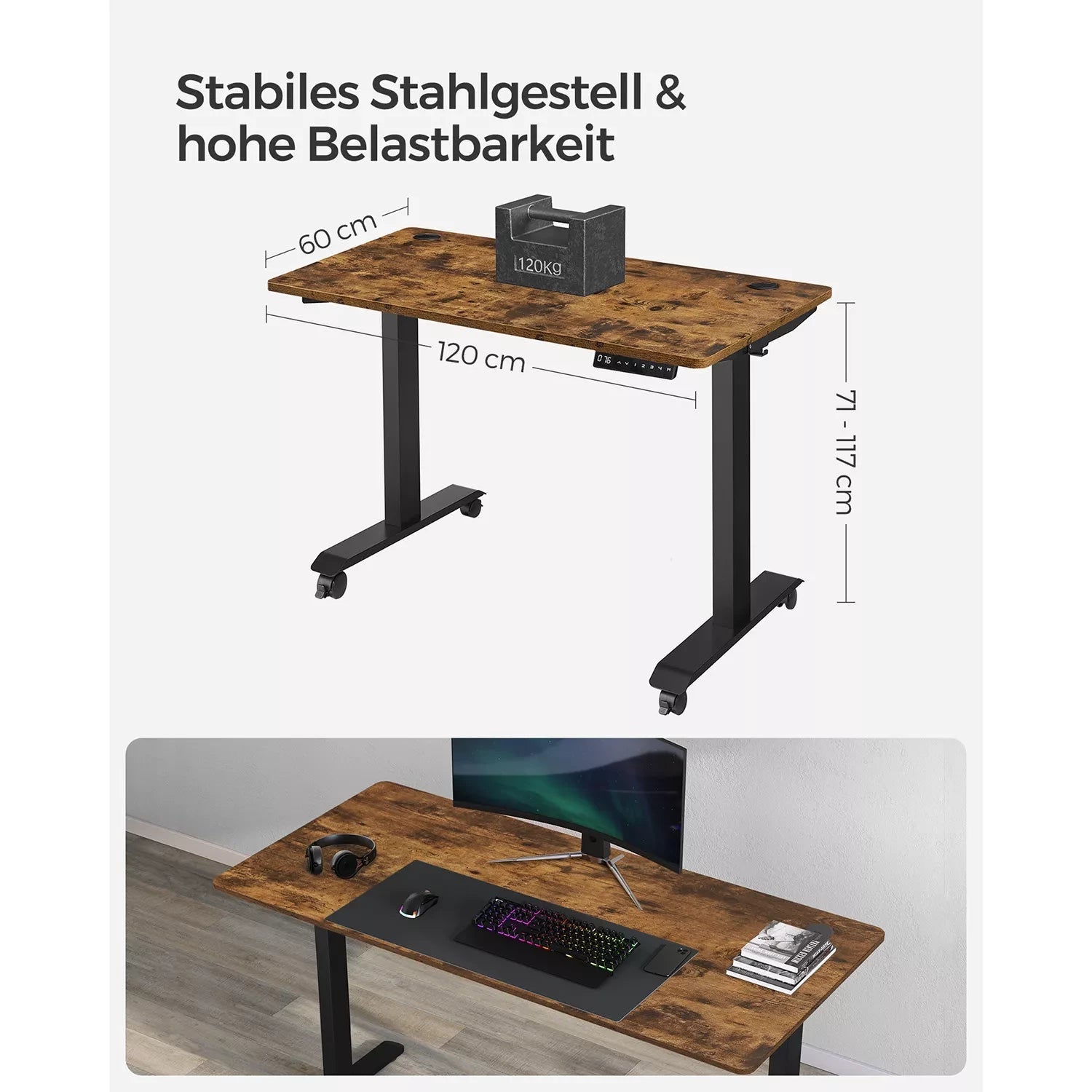 In And OutdoorMatch Elektrisch zit-sta bureau Nida - Industrieel - Geheugenfunctie met 4 hoogtes - Hoogte verstelbaar 71-117cm - 120kg draagvermogen - 60x120cm Desk