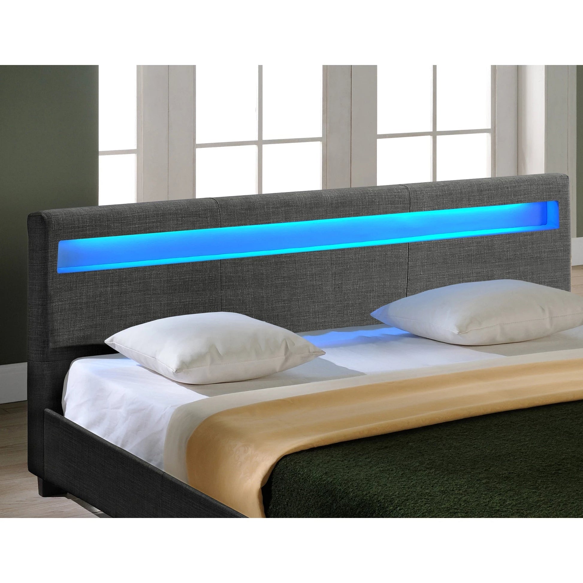 In And OutdoorMatch Houten Bed Skylar - Stof - LED verlichting Bedbodem - 180x200 - Donkergrijs - Modern Design bed twee personen