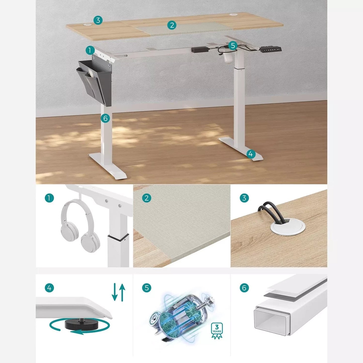 In And OutdoorMatch In Hoogte Verstelbaar Bureau Darren - Elektrisch - Traploos Verstelbaar - Gedeeld Werkblad - 4 Opberghoogtes - Stoffen Tas - 120x60x(72-120)cm - Gemaakt van Staal - Beige/Wit Desk