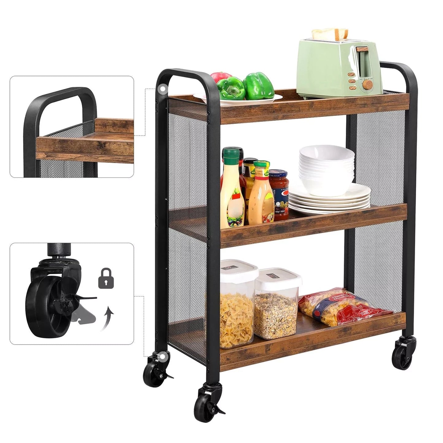 In And OutdoorMatch Keukenkast industrieel Patri - Op wielen - Organizer - Met planken - 66x26x85cm Keuken Trolley