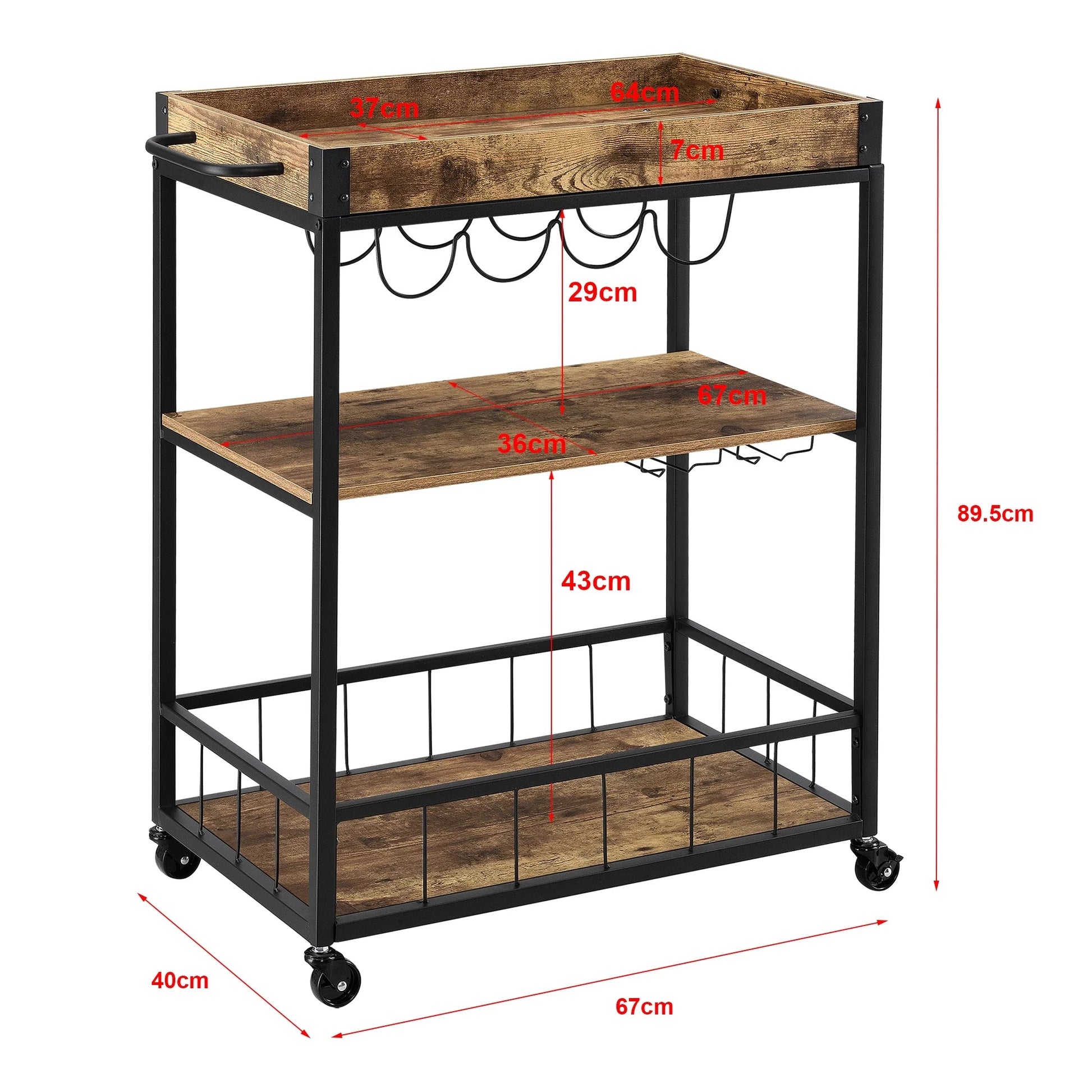 In And OutdoorMatch Keukentrolley Ciara - Met Wijnrek en Wijnglashouder - 89.5x67x40 cm - Donker Houtkleurig en Zwart - Spaanplaat Keuken Trolley