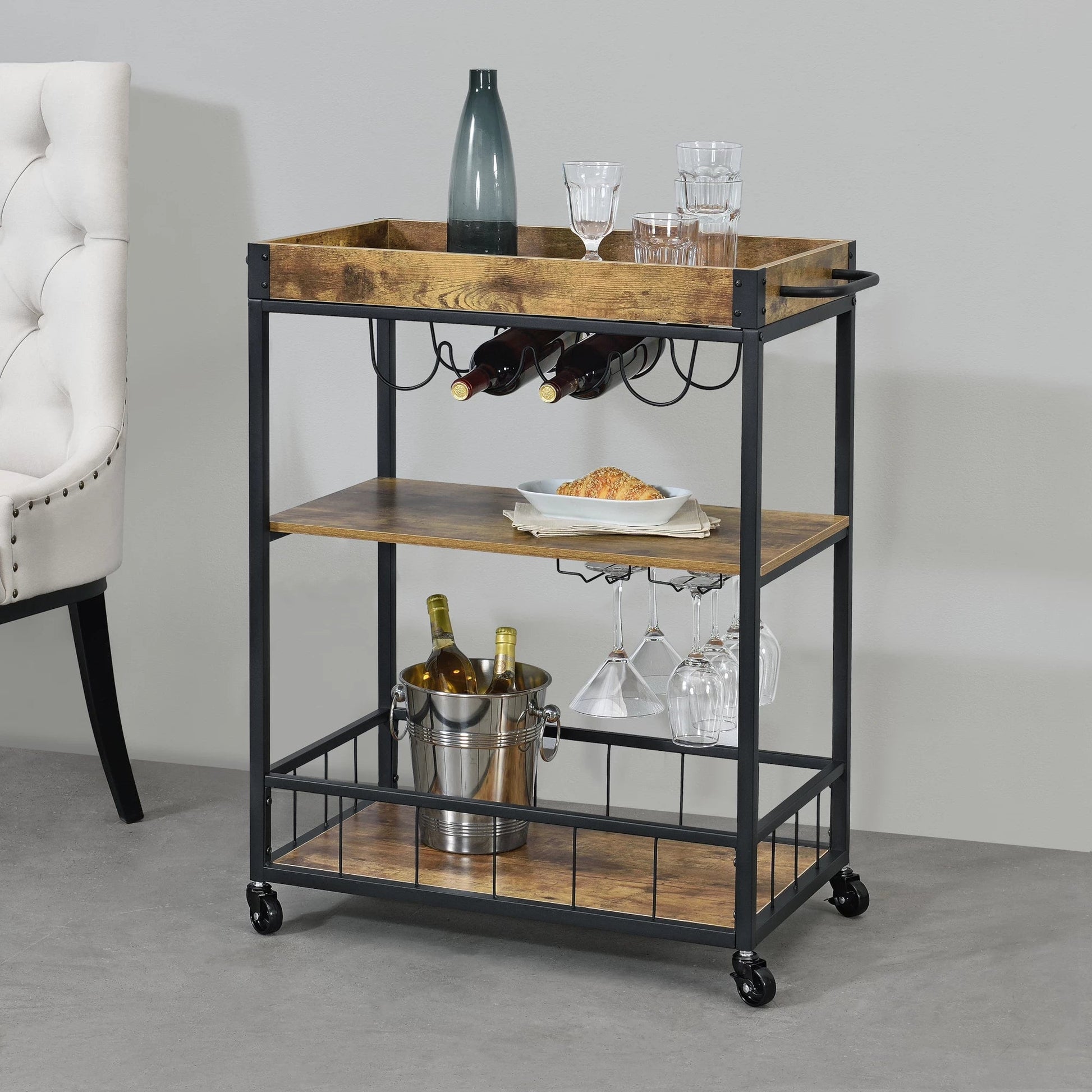 In And OutdoorMatch Keukentrolley Ciara - Met Wijnrek en Wijnglashouder - 89.5x67x40 cm - Donker Houtkleurig en Zwart - Spaanplaat Keuken Trolley