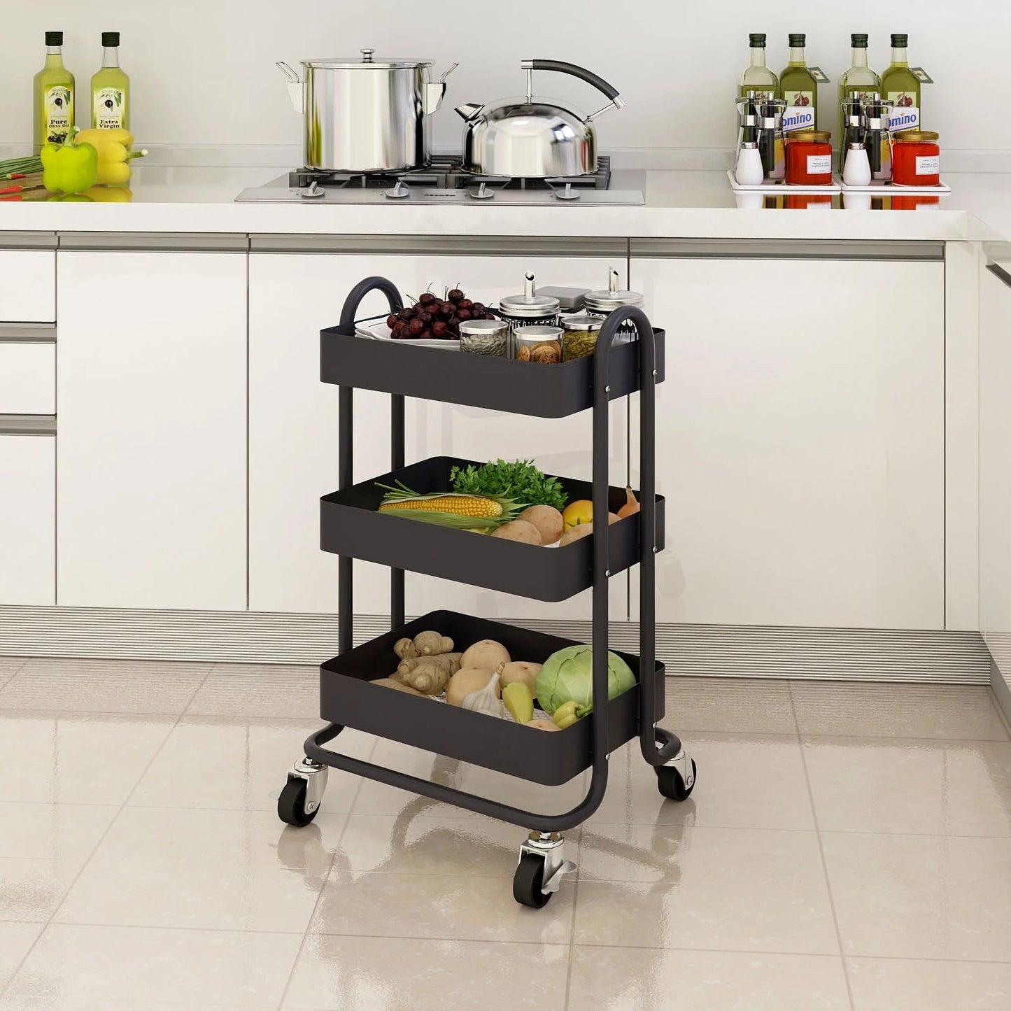 In And OutdoorMatch Keukentrolley Emilio - Kantoortrolley - Met 3 Manden - 78,5x46x35cm - Zwart - Ruimtebesparende Opslag - Veelzijdig Opbergrek Keuken Trolley