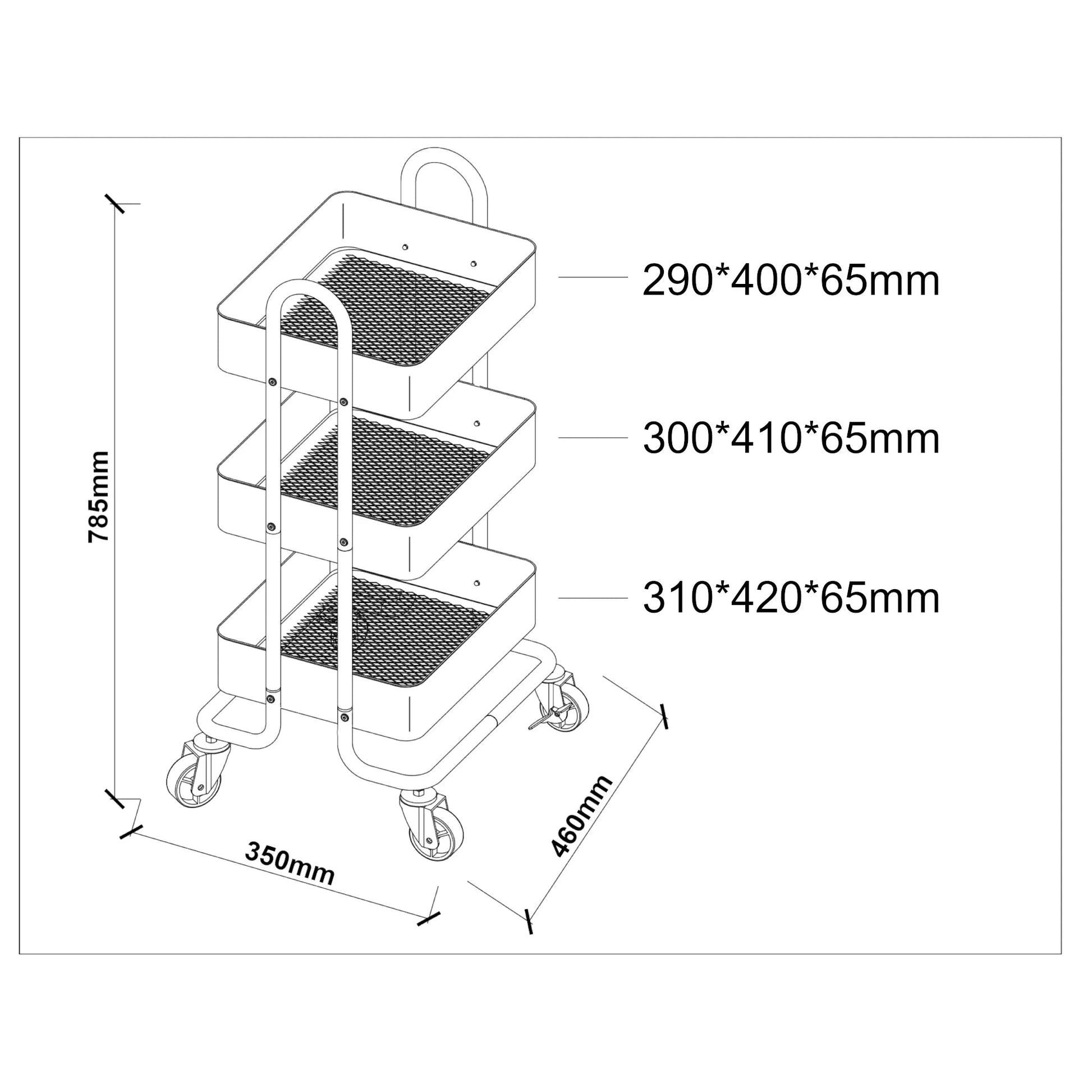 In And OutdoorMatch Keukentrolley Emilio - Kantoortrolley - Met 3 Manden - 78,5x46x35cm - Zwart - Ruimtebesparende Opslag - Veelzijdig Opbergrek Keuken Trolley