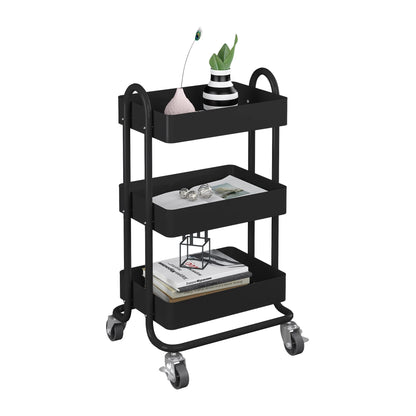 In And OutdoorMatch Keukentrolley Emilio - Kantoortrolley - Met 3 Manden - 78,5x46x35cm - Zwart - Ruimtebesparende Opslag - Veelzijdig Opbergrek Keuken Trolley