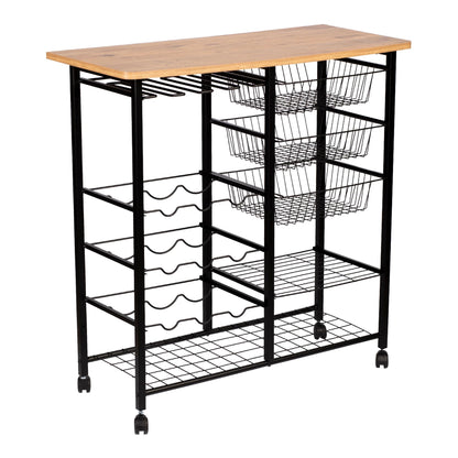 In And OutdoorMatch Keukentrolley Jair - 92x90x42,5 cm - Zwart en Houtkleurig - Metaal - Spaanplaat - Kunststof Keuken Trolley