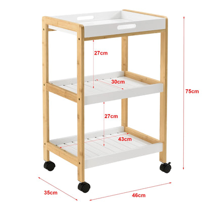 In And OutdoorMatch Keukentrolley Jamison - Met 3 Planken - 75x46x35 - Houtkleurig en Wit - Bamboe, MDF en Kunststof - Stijlvol Design Keuken Trolley