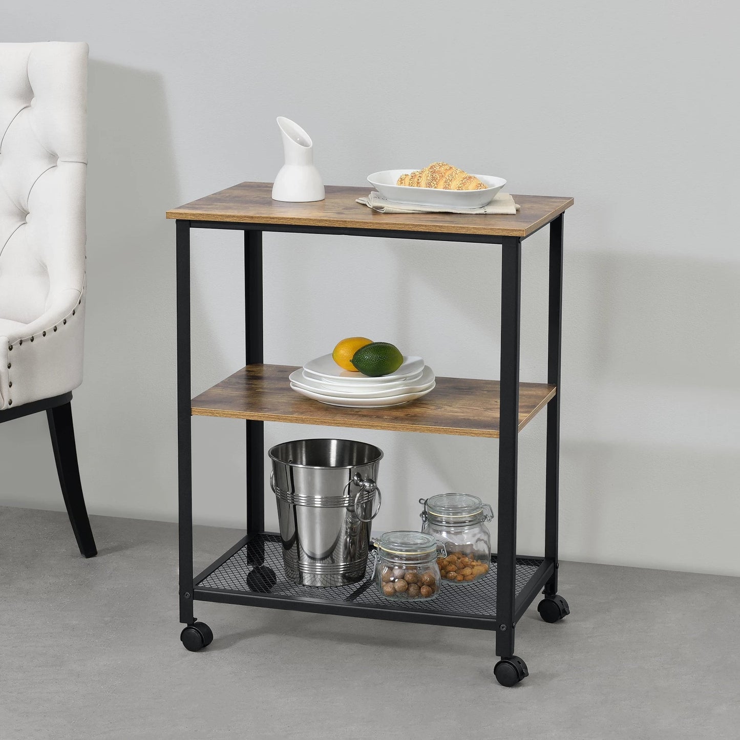 In And OutdoorMatch Keukentrolley Weston - Met 2 Planken - 76.5x60x40 - Houtkleurig en Zwart - Spaanplaat, Metaal en Kunststof - Stijlvol Design Keuken Trolley