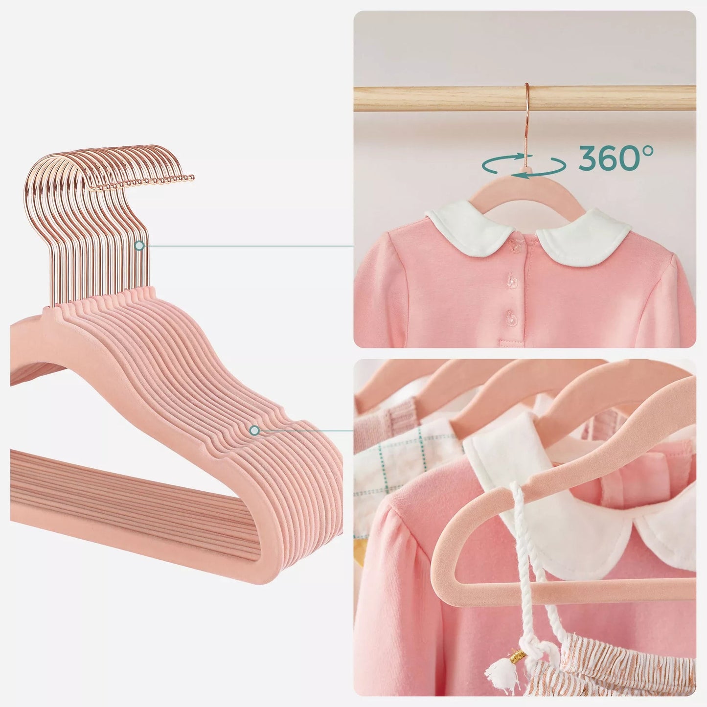 In And OutdoorMatch Kids Fluwelen Kleerhanger Vena - 50 Stuks - Antislip Kleerhanger - Roségouden Draaihaak - Ruimtebesparend - 30x5x20,5cm - voor Kinderjasje - Shirt - Rok - Babykleding - Broek - Stropdas - Lichtroze kledinghanger