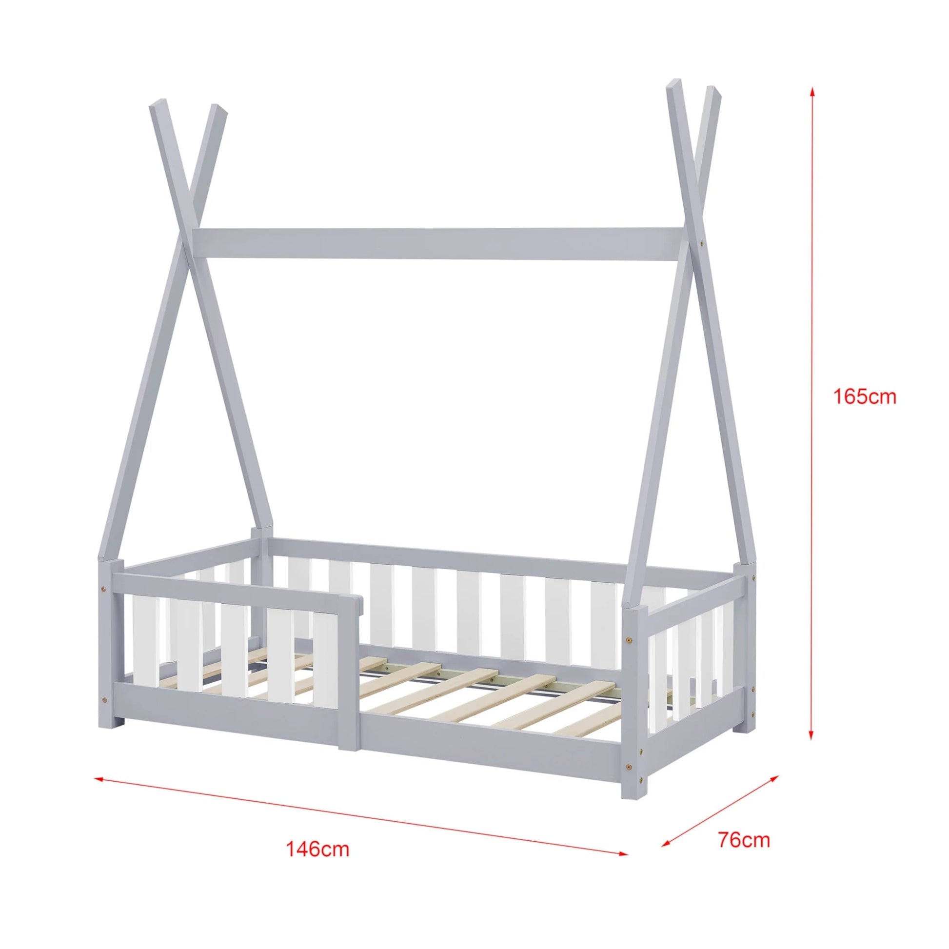 In And OutdoorMatch Kinderbed Anais - Tipi - Met Valbescherming - En Matras - 70x140 cm - Lichtgrijs - Voor meisjes - Voor jongens - Voor kinderen Kinder bedden