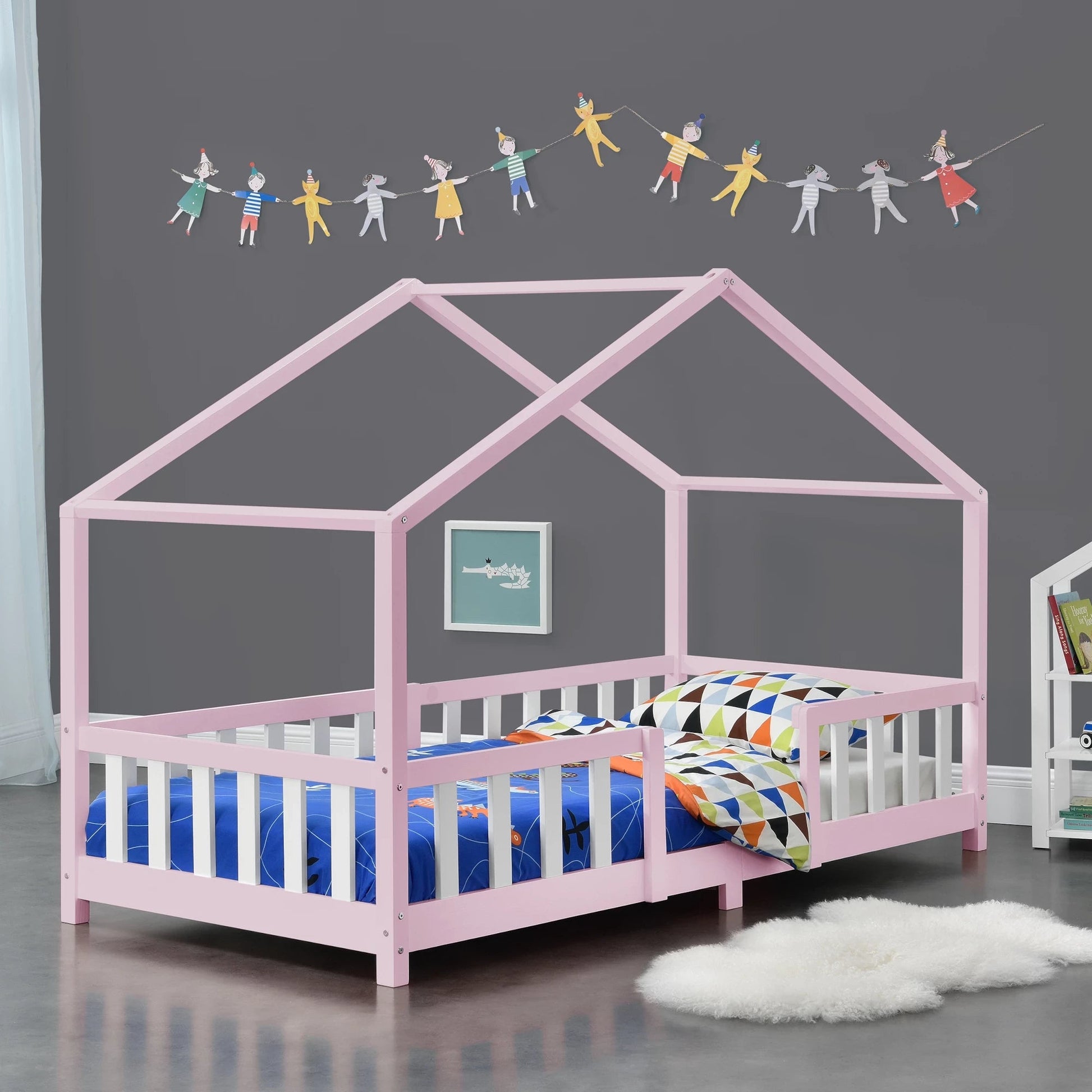 In And OutdoorMatch Kinderbed Kaya - Met valbeveiliging - 90x200 cm - Roze en Wit - Voor meisjes - Voor jongens - Voor kinderen Kinder bedden