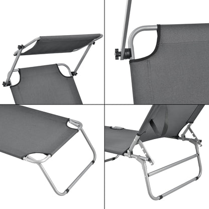 In And OutdoorMatch Ligbed Bobby - Met Luifel - 186x55x24 cm - Donkergrijs - Verstelbare Luifel Lounge stoel