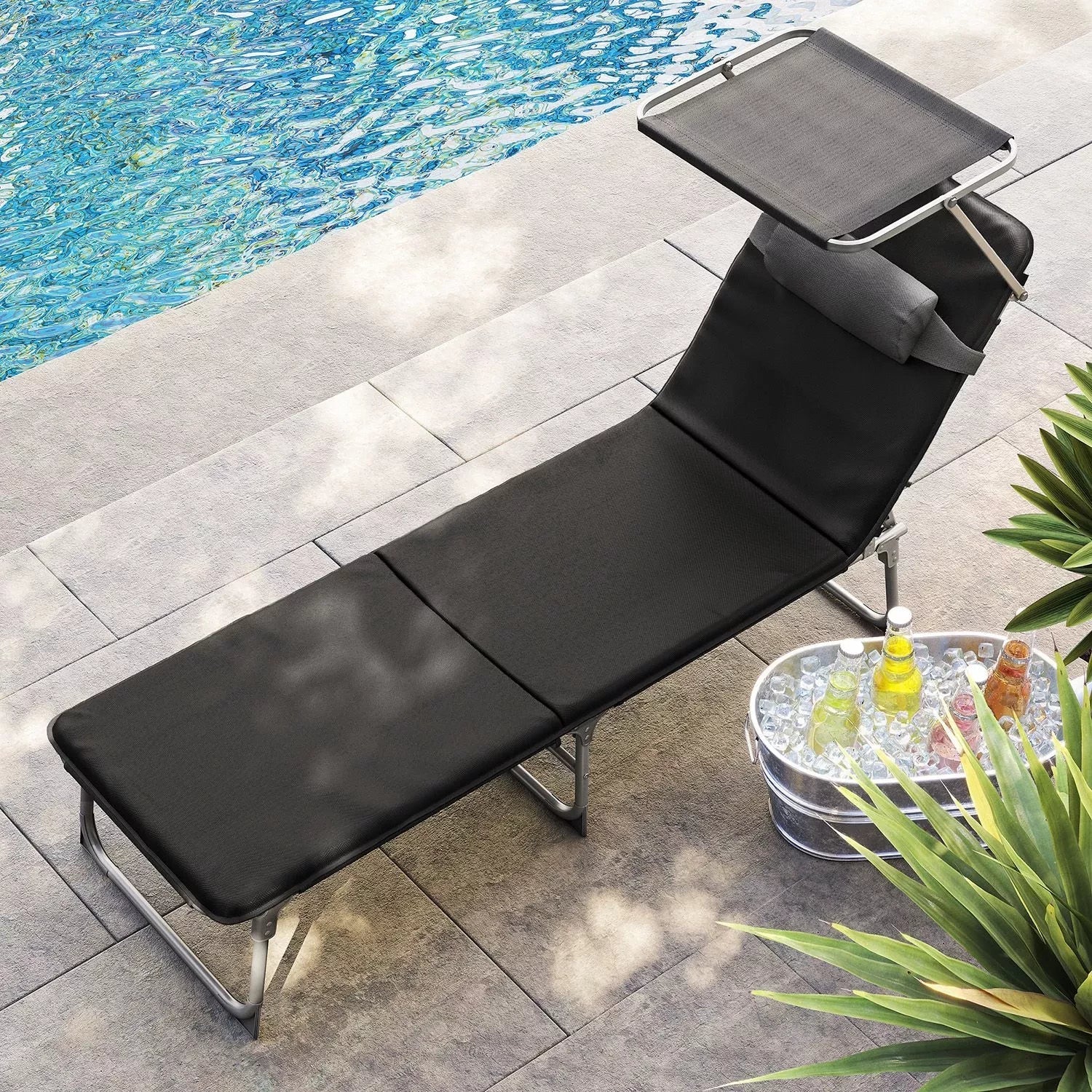 In And OutdoorMatch Ligbed Brice Bethany - Zonnebank - Met parasol - Ligbed tuin - Loungebank - Zwart - 193x55x30cm Lounge stoel