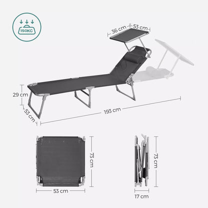 In And OutdoorMatch Ligbed Brice Bethany - Zonnebank - Met parasol - Ligbed tuin - Loungebank - Zwart - 193x55x30cm Lounge stoel