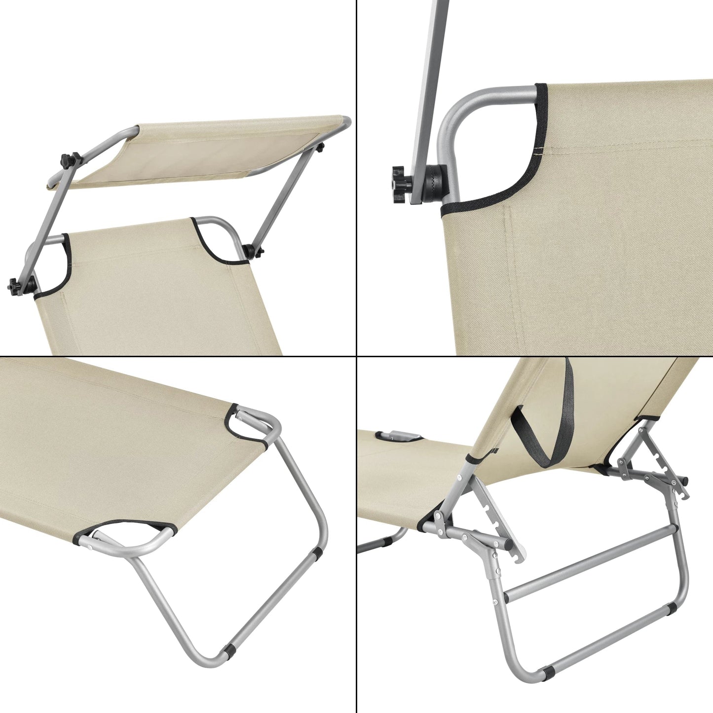 In And OutdoorMatch Ligbed Lucas - Met Luifel - 186x55x24 cm - Beige - Verstelbare Luifel Lounge stoel