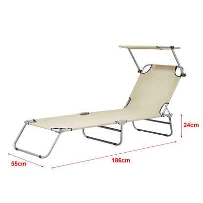 In And OutdoorMatch Ligbed Lucas - Met Luifel - 186x55x24 cm - Beige - Verstelbare Luifel Lounge stoel