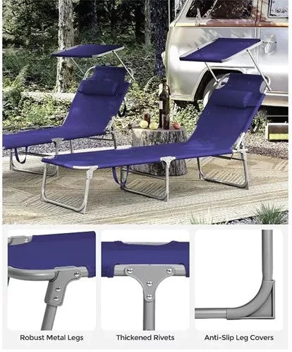 In And OutdoorMatch Ligstoel Danika - Zonnebed - Met zonnescherm - Ligbed tuin - Blauw - Loungebank - 200x71x38cm Lounge stoel