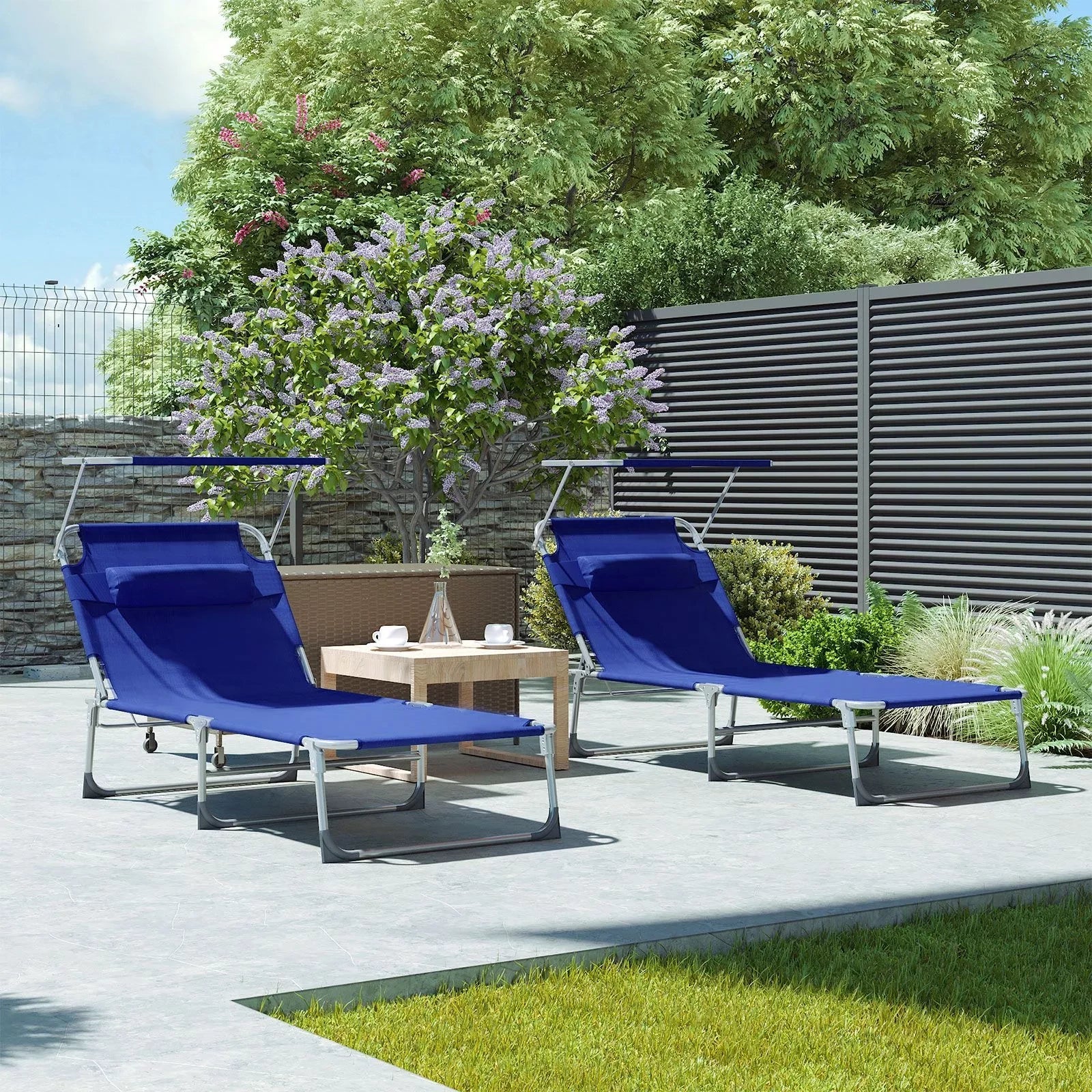 In And OutdoorMatch Ligstoel Danika - Zonnebed - Met zonnescherm - Ligbed tuin - Blauw - Loungebank - 200x71x38cm Lounge stoel