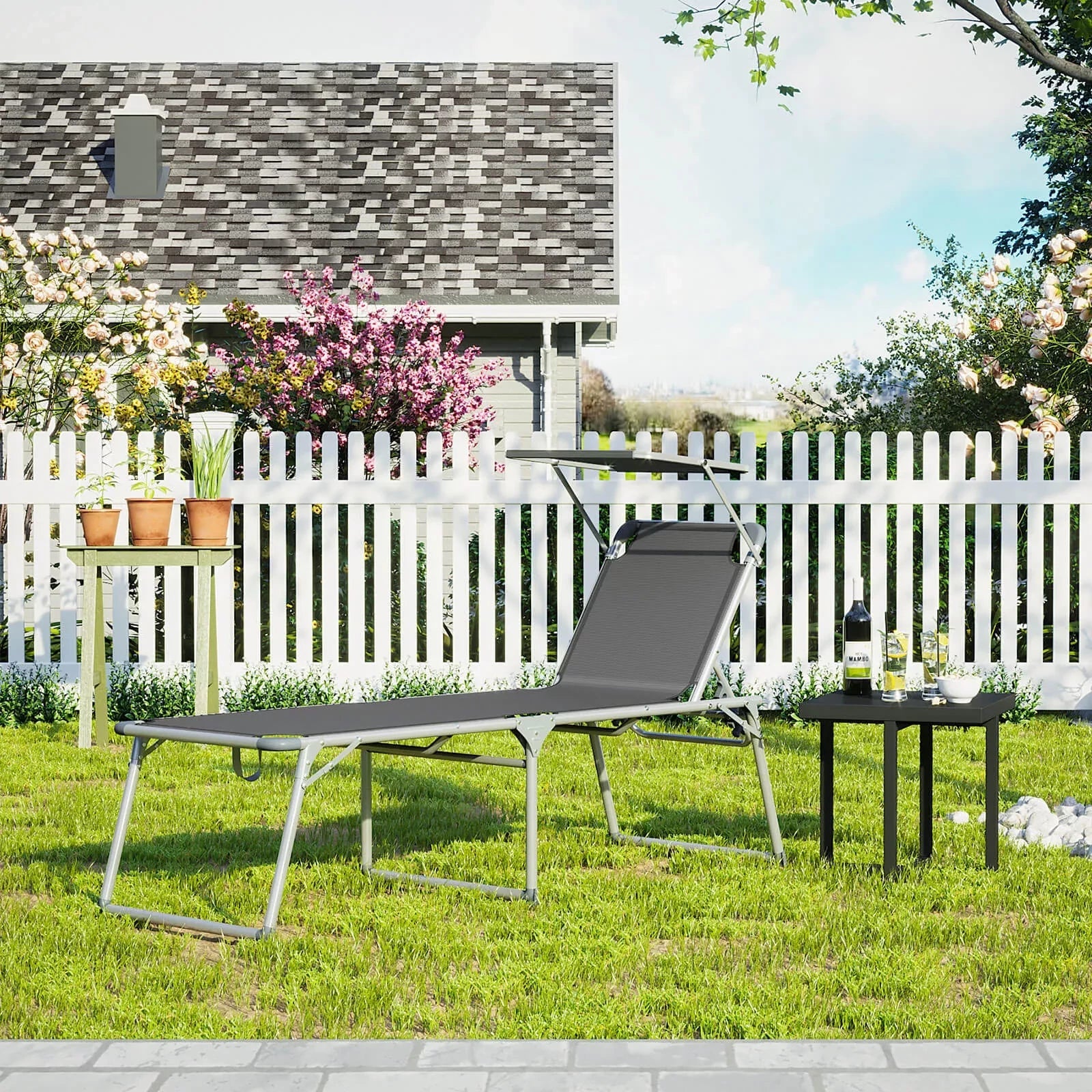 In And OutdoorMatch Ligstoel Devonte - Zonnebed - Met zonnescherm - Ligbed tuin - Donkergrijs - Loungebank - 200x65x48cm Lounge stoel