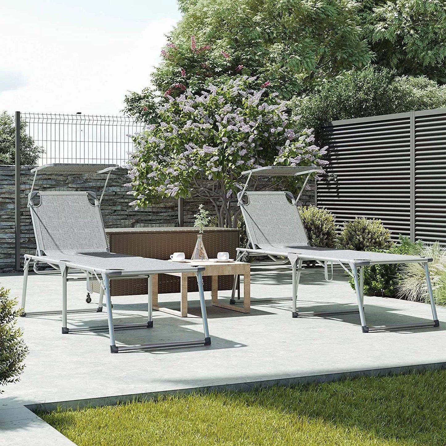 In And OutdoorMatch Ligstoel Lloyd - Zonnebed - Met zonnescherm - Ligbed tuin - Grijs - Loungebank - 200x65x48cm Lounge stoel